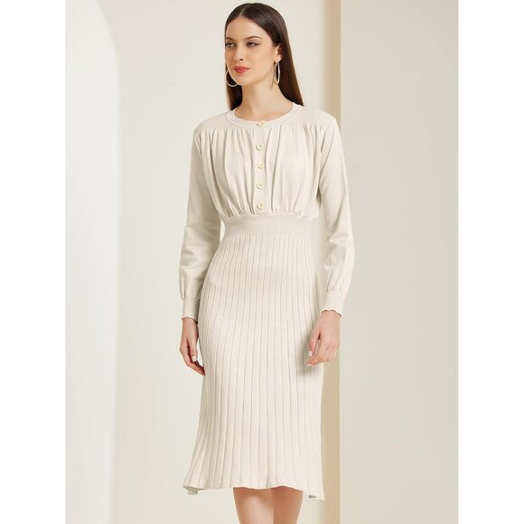 Women's Ribbed Knit Midi Dress Crew Neck Pleated Bishop Sleeve Casual - Picture 2 of 5